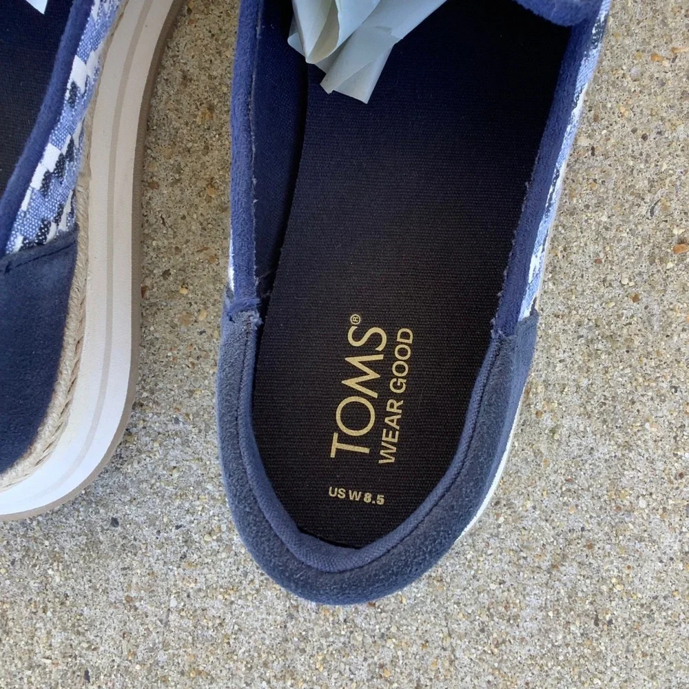 TOMS Alpargata Mallow Mule Espadrilles Blue White Woven Platform Shoes Women 8.5